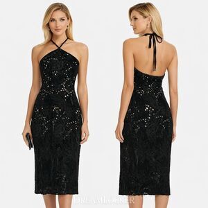 Hemant &‎ Nandita Sehr Midi Dress Small Black Velvet Halter Neck Tie Luxury NEW